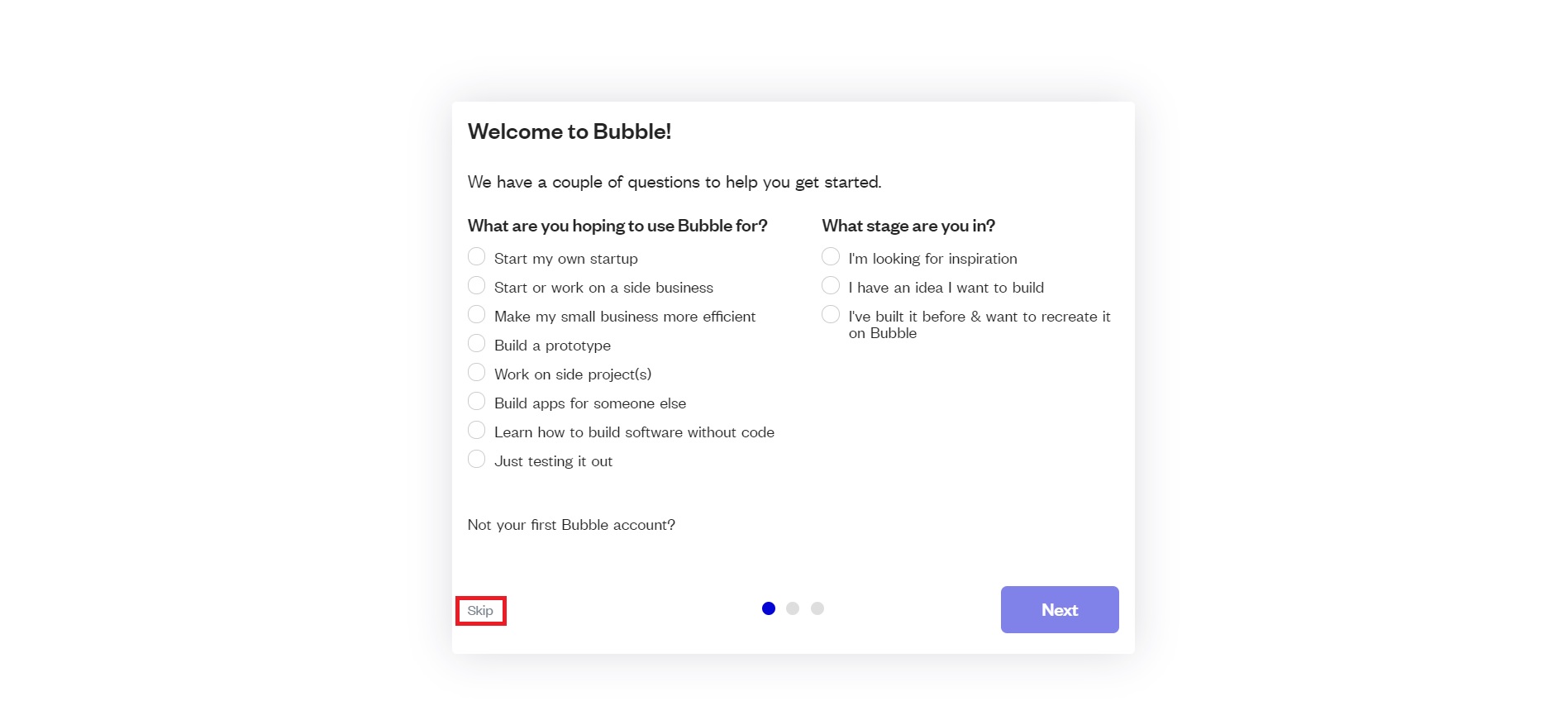 bubbleアカウント登録アンケート画面の画像