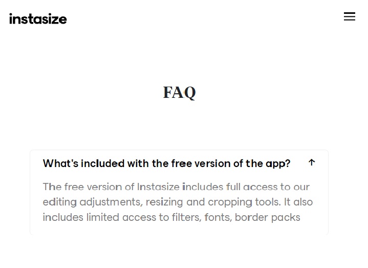 Instasize FAQページ